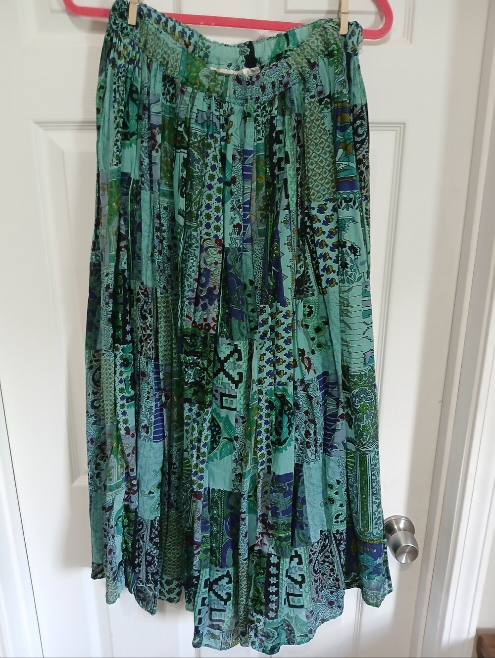 Lemon Grass Bohemian Style Green Patchwork Broomstick Maxi Skirt - Size Large